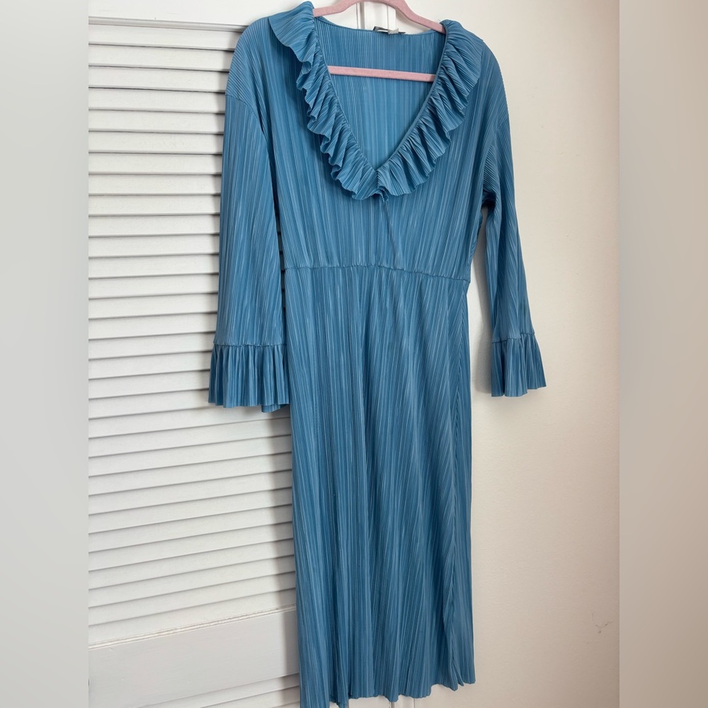 ASOS light blue long sleeve pleated maxi dress with ruffles